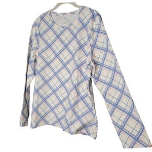 Talbots Tee Shirt Womens Size XL White Blue Plaid Stretch Cotton L/S Crew Neck T